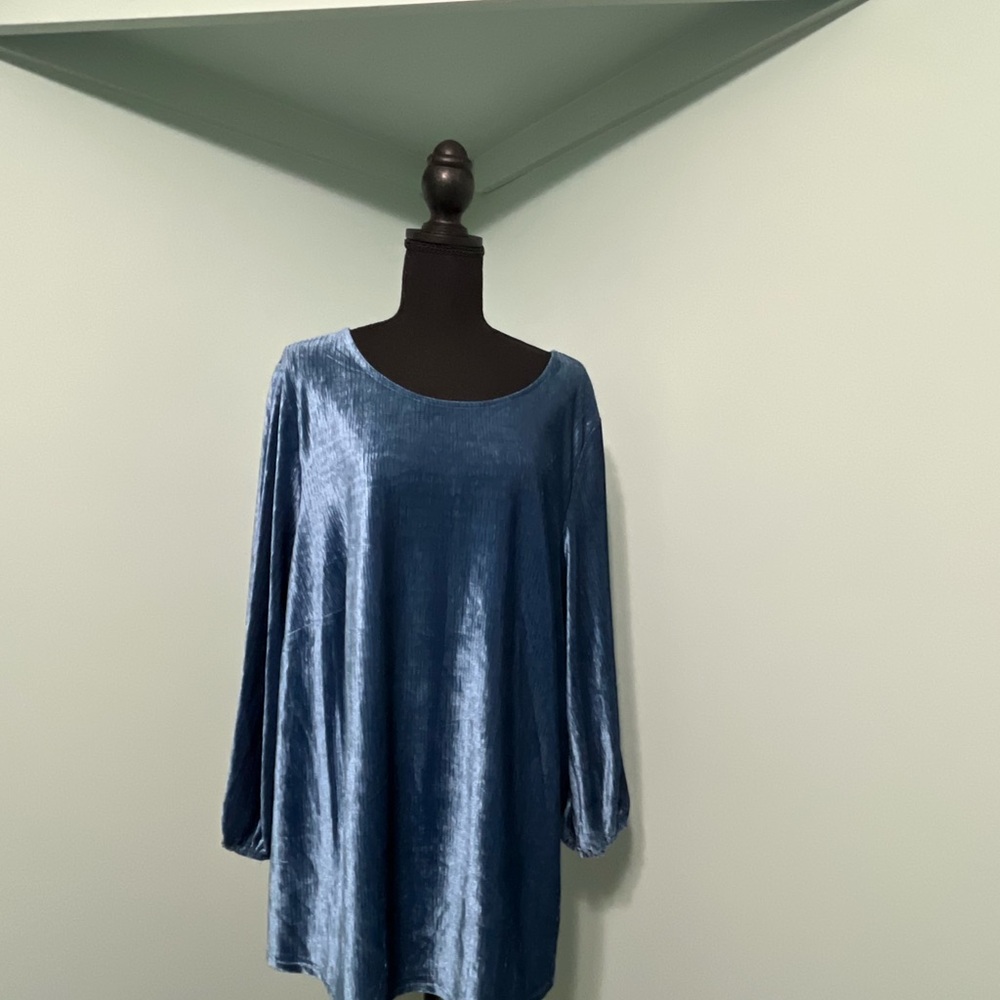 Adrianna Papell‎ Blue Crushed Velvet Pleated Balloon Sleeve Blouse Top
